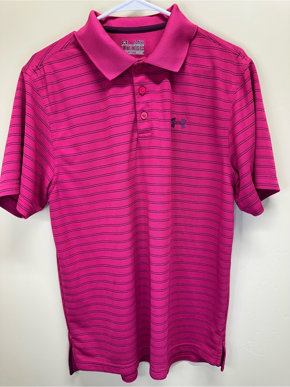 Under Armour Men’s Medium Polo • Neon Pink Stripe • Performance Golf Shirt